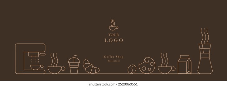 Abstract coffee modern line geometric pattern. Coffee drink design cover or cafe flyer. Vector geometric illustration with coffee machine, coffee bean, cup, 
cookie, milk and croissant