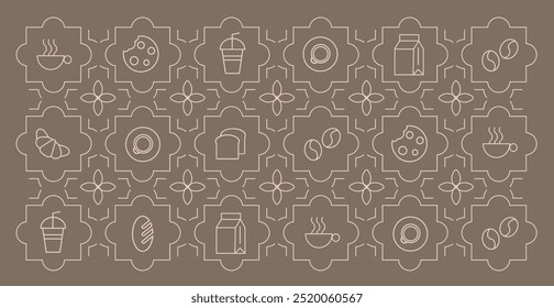 Abstract coffee modern line geometric pattern. Hand drawn illustration for Bakery and Coffee shop. Icons. Coffee bean, cup of coffee, dish, cookie and croissant. Abstract geometric line background. 