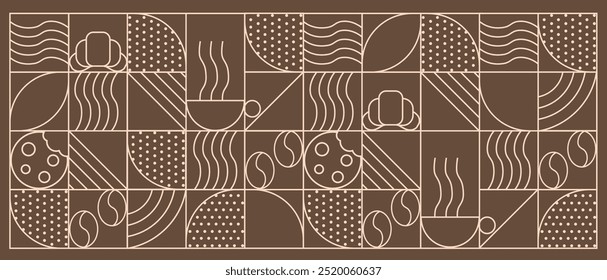 Abstract coffee modern line geometric pattern. Coffee drink design cover or cafe flyer. Coffee bean, cup of coffee, dish, cookie and croissant. Abstract geometric line background. 