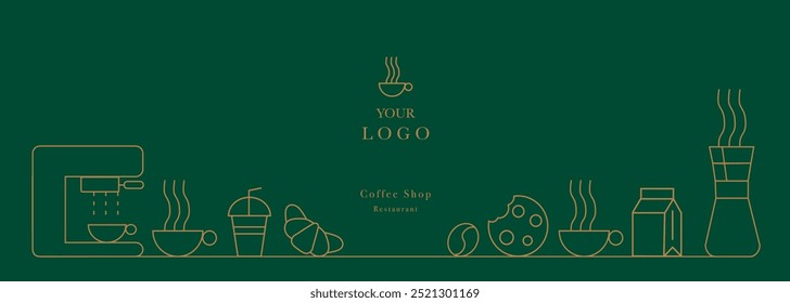 Abstract coffee modern line geometric pattern. Coffee drink design cover or cafe flyer. Vector geometric illustration with coffee machine, coffee bean, cup, 
cookie, milk and croissant