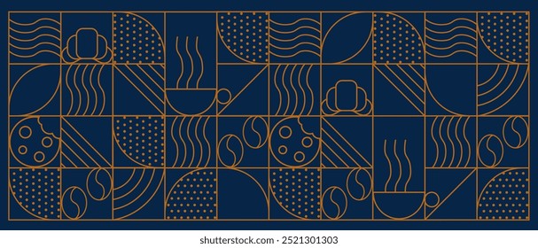 Abstract coffee modern line geometric pattern. Coffee drink design cover or cafe flyer. Coffee bean, cup of coffee, dish, cookie and croissant. Abstract geometric line background. 