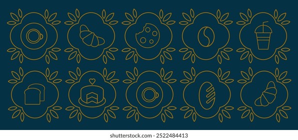 Patrón geométrico de línea moderna de café Abstractas. Ilustración dibujada a mano para panadería y cafetería. Iconos. Grano de café, taza de café, plato, galleta y croissant. Fondo de línea geométrica Abstractas. 