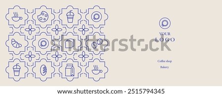 Abstract coffee modern line geometric pattern. Hand drawn illustration for Bakery and Coffee shop. Icons. Coffee bean, cup of coffee, dish, cookie and croissant. Background. Web banner.