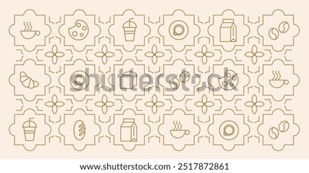 Abstract coffee modern line geometric pattern. Hand drawn illustration for Bakery and Coffee shop. Icons. Coffee bean, cup of coffee, dish, cookie and croissant. Abstract geometric line background. 