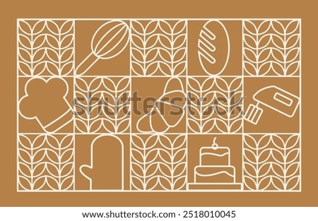 Abstract coffee modern line geometric pattern. Hand drawn illustration for Bakery and Coffee shop. Icons. Coffee bean, cup of coffee, dish, cookie and croissant. Abstract geometric line background. 