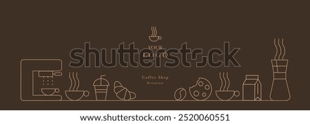 Abstract coffee modern line geometric pattern. Coffee drink design cover or cafe flyer. Vector geometric illustration with coffee machine, coffee bean, cup, 
cookie, milk and croissant
