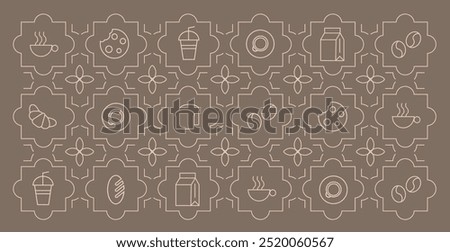 Abstract coffee modern line geometric pattern. Hand drawn illustration for Bakery and Coffee shop. Icons. Coffee bean, cup of coffee, dish, cookie and croissant. Abstract geometric line background. 