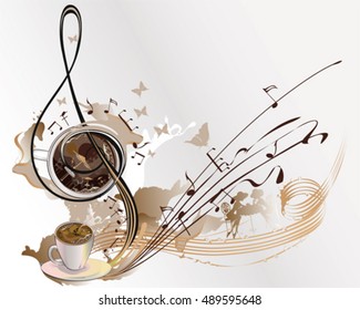 Abstract coffee music with cups of coffee, splashes, butterflies, notes.