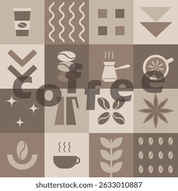 Padrão de café abstrato. Impressão geométrica uniforme com elementos simples. Mosaico. Plano de Fundo Estilo Trendy Flat. A amostra pode ser usada para Embalagem, Capa, Embalagem, Sacos. Vetor em cores bege marrom