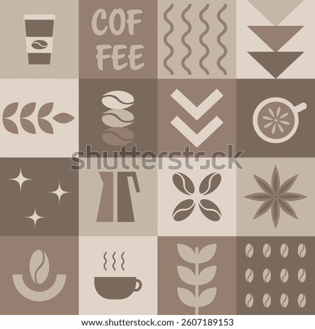 Abstract Coffee Pattern. Seamless Geometric Print with Simple Elements. Mosaic. Trendy Flat Style Background. Sample can be used for Packaging, Cover, Wrapping, Mugs. Vector in Brown Beige Colors