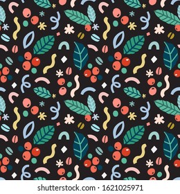 Abstract Coffee Pattern, Seamless Vector Background With Doodle Shapes, Coffee Plant Leaves, Berries And Beans, Modern Simple Hand Drawn Illustration, Decorative Ornament For Cafe Or Coffee Shop.