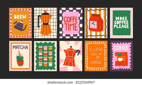 Abstract coffee posters for the kitchen. Brew compositions in cartoon trendy style of Matisse. Decor for kitchens, cafes and restaurants. Minimalist banners for wall decor, prints, wallpaper.