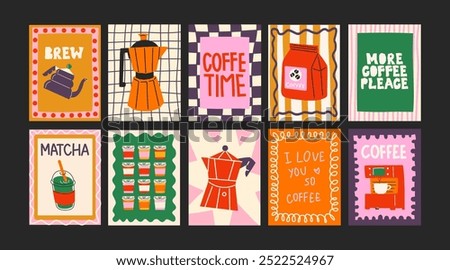 Abstract coffee posters for the kitchen. Brew compositions in cartoon trendy style of Matisse. Decor for kitchens, cafes and restaurants. Minimalist banners for wall decor, prints, wallpaper.