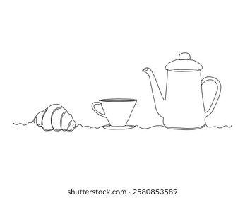 Abstract coffee pot, teapot and cup, baked croissant, dessert for breakfast, continuous single one line art hand drawing sketch logo