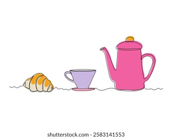 Abstract coffee pot, teapot and cup, baked croissant, dessert for breakfast, continuous single one line art hand drawing sketch logo