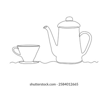 Abstract coffee pot, teapot and cup, continuous single one line art hand drawing sketch logo