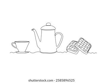 Abstract coffee pot, teapot and cup, Viennese waffles, dessert for breakfast, continuous single one line art hand drawing sketch logo