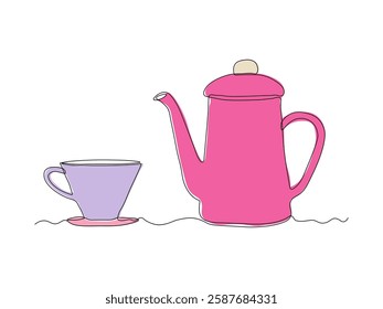 Abstract coffee pot, teapot and cup, continuous single one line art hand drawing sketch logo