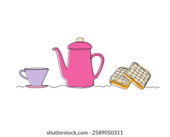 Abstract coffee pot, teapot and cup, Viennese waffles, dessert for breakfast, continuous single one line art hand drawing sketch logo