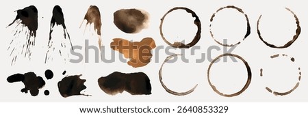 Abstract coffee stains and splashes in various shapes. Brown and black coffee stains, circular and irregular patterns. Artistic coffee stain designs. Element vector set.