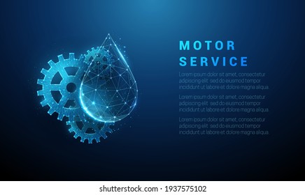Abstract cog gear with falling drop of oil.  Machine motor service concept. Low poly style design. Geometric background. Wireframe light connection structure. Modern 3d graphic. Vector illustration.