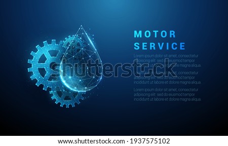 Abstract cog gear with falling drop of oil.  Machine motor service concept. Low poly style design. Geometric background. Wireframe light connection structure. Modern 3d graphic. Vector illustration.