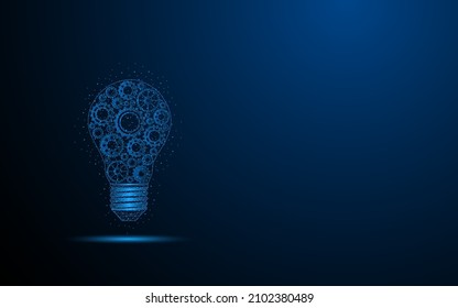 Abstract cog in a light bulb. Invention ideas or strategies. Digital low poly wireframe style design with connection points. vector illustration
