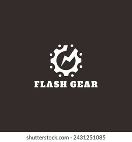 Abstract cog wheel with flash logo design template. Geometric gear fast quick thunderbolt logotype. Universal energy tech rapid app vector icon symbol