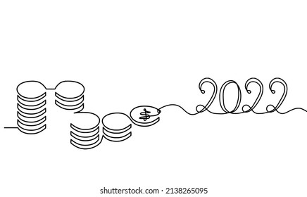Monedas abstractas con 2022 años como líneas continuas dibujando sobre fondo blanco. Vector