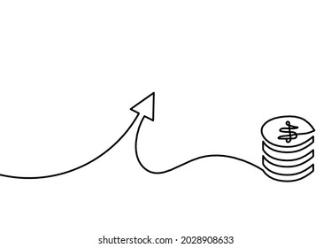 Abstract coins and arrow as continuous lines drawing on white background. Vector