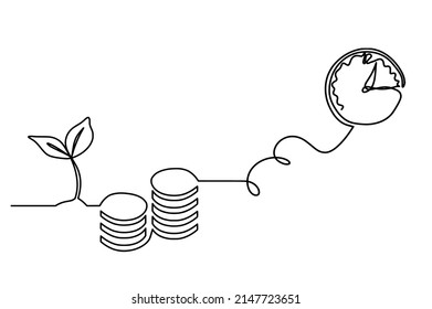 Abstract coins with clock as continuous lines drawing on white background. Vector