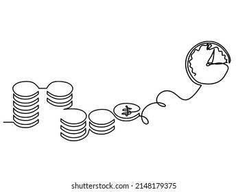 Abstract coins with clock as continuous lines drawing on white background. Vector