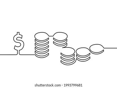 Abstract coins and dollar as continuous lines drawing on white background Vector