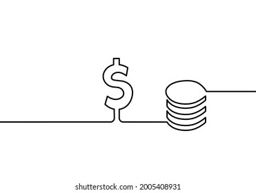 Abstract coins and dollar as continuous lines drawing on white background. Vector