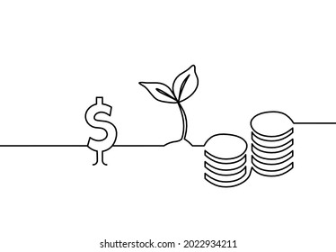Monedas abstractas en dólares como líneas continuas dibujando sobre fondo blanco. Vector