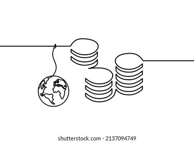 Abstract coins with globe as continuous lines drawing on white background. Vector