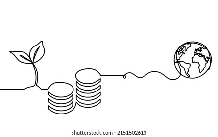 Abstract coins with globe as continuous lines drawing on white background. Vector