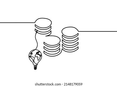 Abstract coins with globe lightbulb  as continuous lines drawing on white background. Vector