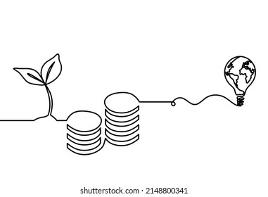 Abstract coins with globe lightbulb  as continuous lines drawing on white background. Vector