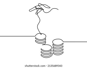 Monedas abstractas con la mano como líneas continuas dibujando sobre fondo blanco. Vector