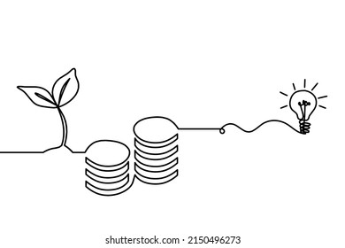 Abstract coins with lightbulb as continuous lines drawing on white background. Vector
