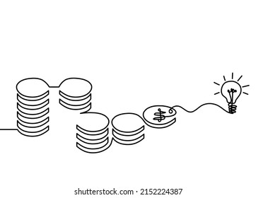 Abstract coins with lightbulb as continuous lines drawing on white background. Vector
