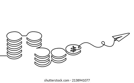 Abstract coins with paper plane as continuous lines drawing on white background. Vector