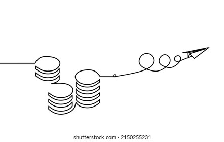Abstract coins with paper plane as continuous lines drawing on white background. Vector