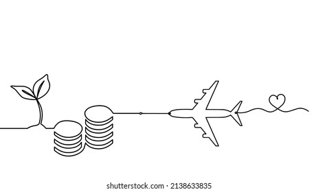 Abstract coins with plane as continuous lines drawing on white background. Vector