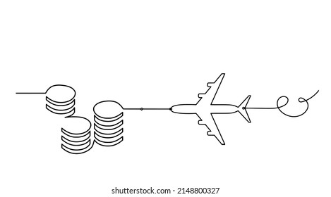 Abstract coins with plane as continuous lines drawing on white background. Vector