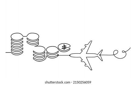 Abstract coins with plane as continuous lines drawing on white background. Vector