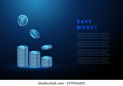 Abstract coins stacks with falling coins. Saving money concept. Low poly style design. Blue geometric background. Wireframe light connection structure. Modern 3d graphic. Isolated vector illustration.