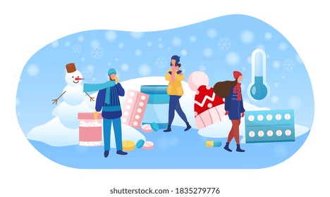 Abstract Cold allergy concept. Winter scene depicting people suffering from allergies to the cold. Flat cartoon vector illustration.