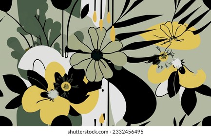 Abstract collage art seamless pattern with black and white floral doodles. Organic flat cartoon background, simple random shapes in monochrome color.
